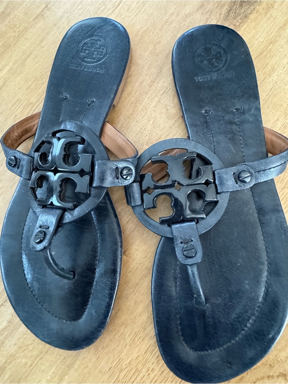 Tory Burch Black Leather Logo Thong Sandals